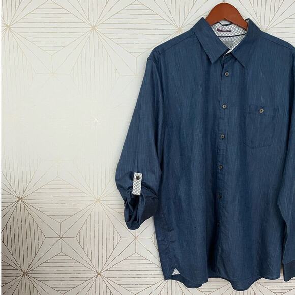 Ted Baker London Navy Blue Linen Cotton Blend Long Sleeve shirt Sz 7 (XXXL) $210 - Picture 5 of 15